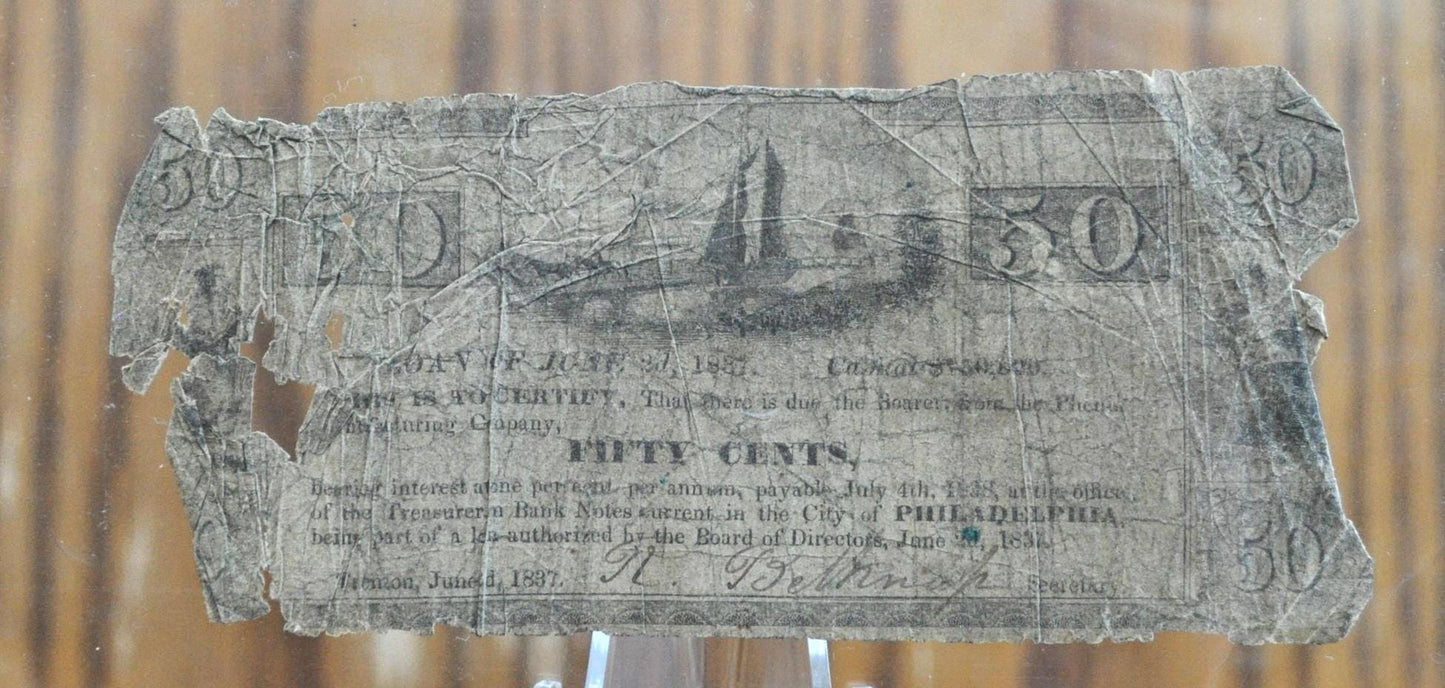 1837 Phenix Manufacturing Company 50 Cent Loan Note - Pennsylvania Obsolete Currency - 1837 Fifty Cent Philadelphia Fractional Obsolete