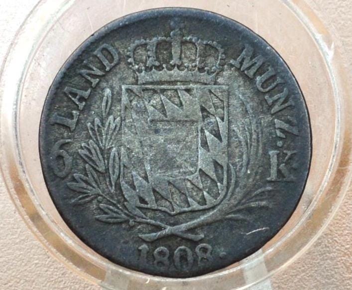 1808 German Bavaria Silver 6 Kreuzer - Great Condition - German 6 Kreuzer 1808 Silver - Old German Coin, Scarce Coin, Bavaria 6 Kreuzer 1808