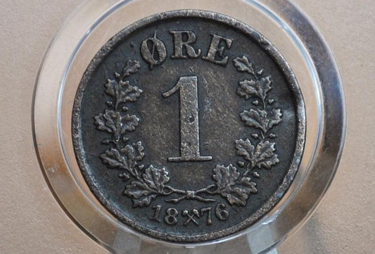 1876 Norway 1 Ore Coin - XF - Norwegian One Ore Coin 1876, Lower Mintage Coin, Few Surviving