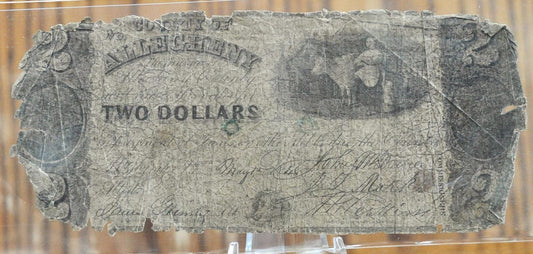 1848 County of Allegheny 2 Dollar Banknote - Pennsylvania Obsolete Currency - Very Fragile- 1848 Two Dollars Philadelphia Obsolete Bank Note