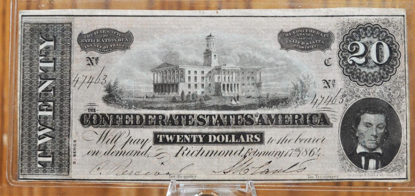 1864 Confederate States of America 20 Dollar Bill - Civil War Issue Banknote - Confederate Twenty Dollar Bill - T-67 / CS-67