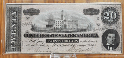 1864 Confederate States of America 20 Dollar Bill - Civil War Issue Banknote - Confederate Twenty Dollar Bill - T-67 / CS-67