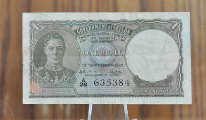 1942 Government of Ceylon 1 Rupee Note - WWII Era Banknote, King George VI Issue - Sri Lanka Note - 1942 British Ceylon One Rupee Note- P#34