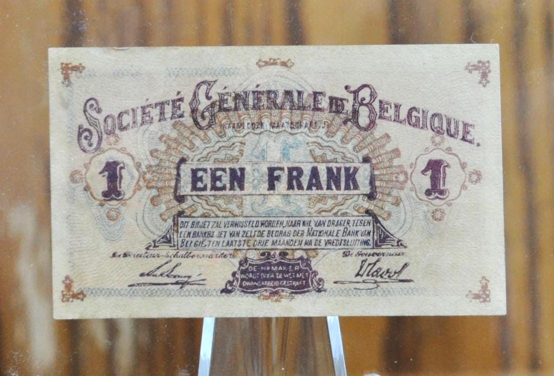 1918 Belgian 1 Franc Small Bank Note - Mauve Ink, 19-10-18 - German Occupation WWI - 1918 Societe Generale One Franc Een Franc Note - P#86b