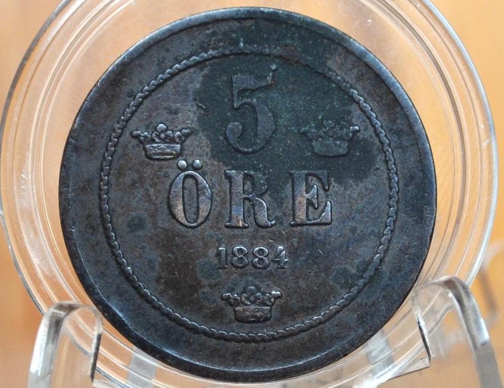 Rarer 1884 Swedish 5 Ore Coin - Great Condition - 1884 Sweden Five Ore, Great for Birthdays, Jewelry, Collections