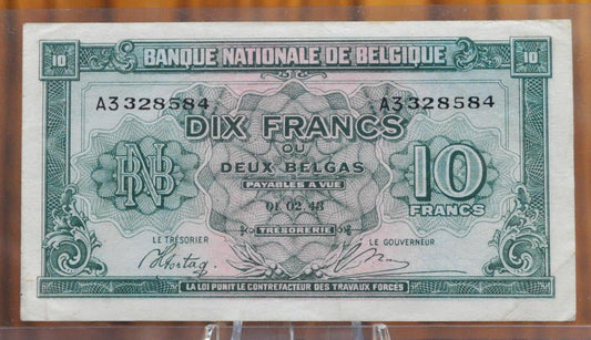 1943 National Bank of Belgium 10 Francs / 2 Belgas Note- WWII Era Note - 1943 Banque Nationale de Belgique Ten Francs/Two Belgas Note- P#122