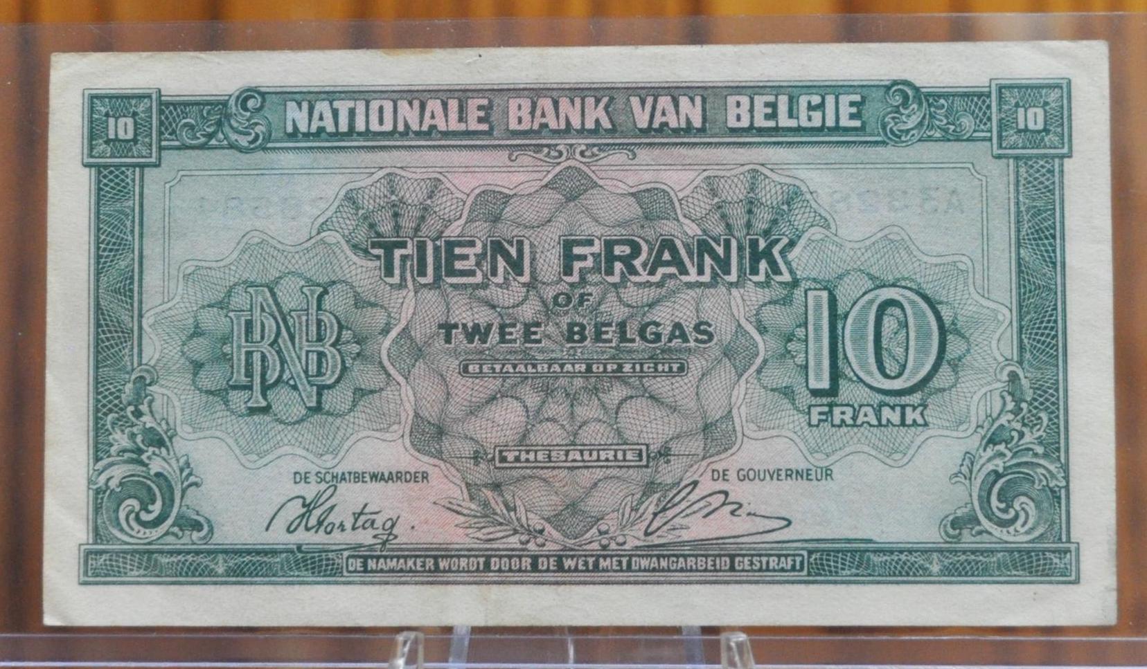 1943 National Bank of Belgium 10 Francs / 2 Belgas Note- WWII Era Note - 1943 Banque Nationale de Belgique Ten Francs/Two Belgas Note- P#122