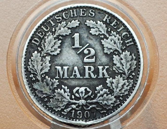 1907 Silver German 1/2 Mark Deutsches Reich - Great condition - Second Reich of Germany 1907 - Half Mark 1907 - Ding over mint mark