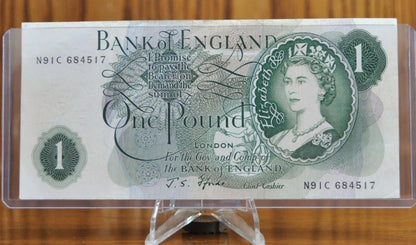 1966-70 Bank of England 1 Pound Note - J. S. Fforde Signature - Queen Elizabeth II Portrait Type - 1966 One Pound English Banknote - P#374e