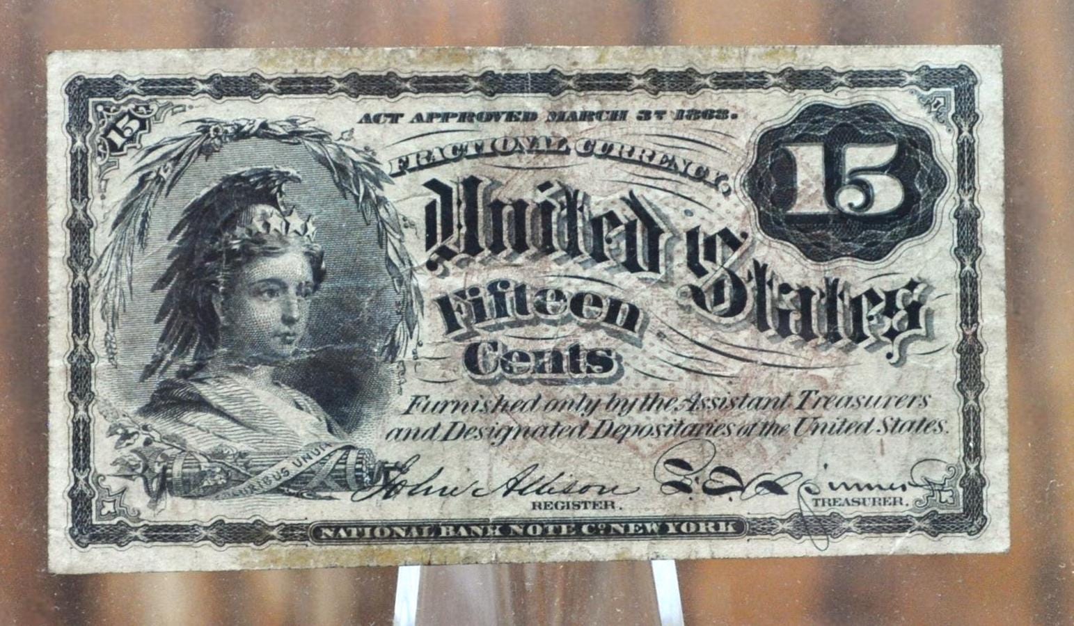 4th Issue 15 Cent Fractional Note 1863 - Fine+ Condition - Unwatermarked Paper - Fourth Issue Fifteen Cent Fractional Currency Note - Fr1268