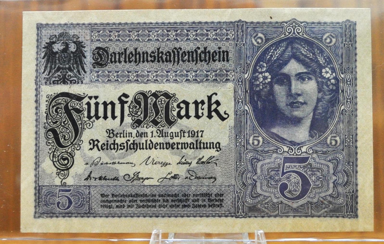 1917 5 Mark Darlehnskassenschien Paper Note - Choice of Serial Number Type - WWI era German Paper Money- 1917 German Five Mark Note- P#56a/b