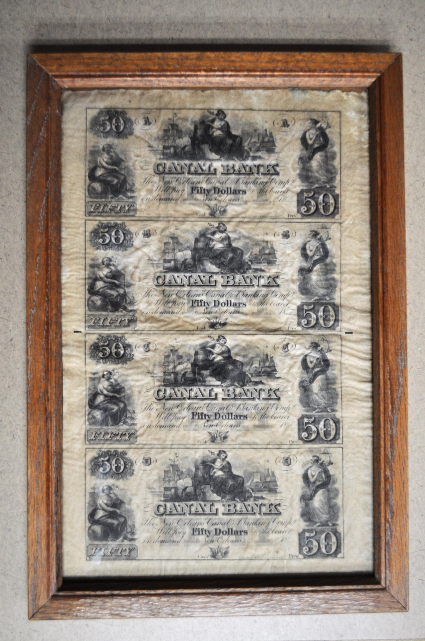 1800s N.D. New Orleans Canal Bank 50 Dollar Uncut Sheet - Framed Uncut Sheet of 4 - 1800s Fifty Dollar Canal Bank Louisiana Obsolete Sheet