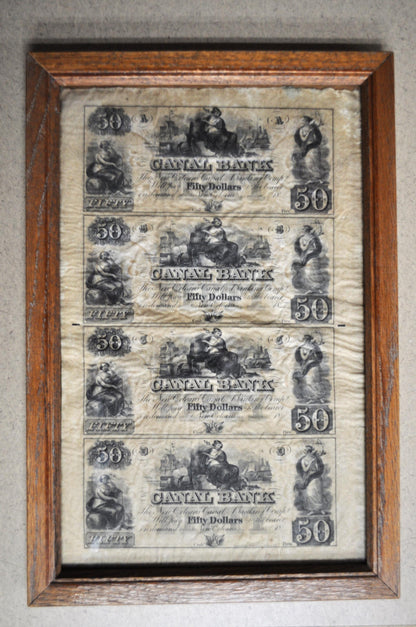 1800s N.D. New Orleans Canal Bank 50 Dollar Uncut Sheet - Framed Uncut Sheet of 4 - 1800s Fifty Dollar Canal Bank Louisiana Obsolete Sheet