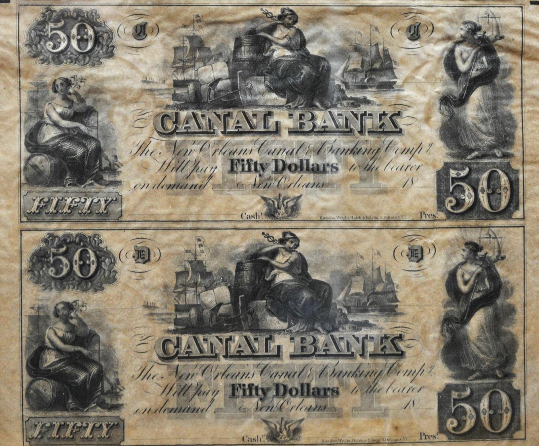 1800s N.D. New Orleans Canal Bank 50 Dollar Uncut Sheet - Framed Uncut Sheet of 4 - 1800s Fifty Dollar Canal Bank Louisiana Obsolete Sheet