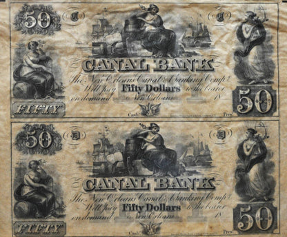 1800s N.D. New Orleans Canal Bank 50 Dollar Uncut Sheet - Framed Uncut Sheet of 4 - 1800s Fifty Dollar Canal Bank Louisiana Obsolete Sheet