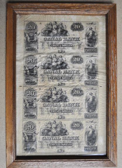 1800s N.D. New Orleans Canal Bank 20 Dollar Uncut Sheet - Framed Uncut Sheet of 4 - 1800s Twenty Dollar Canal Bank Louisiana Obsolete Sheet