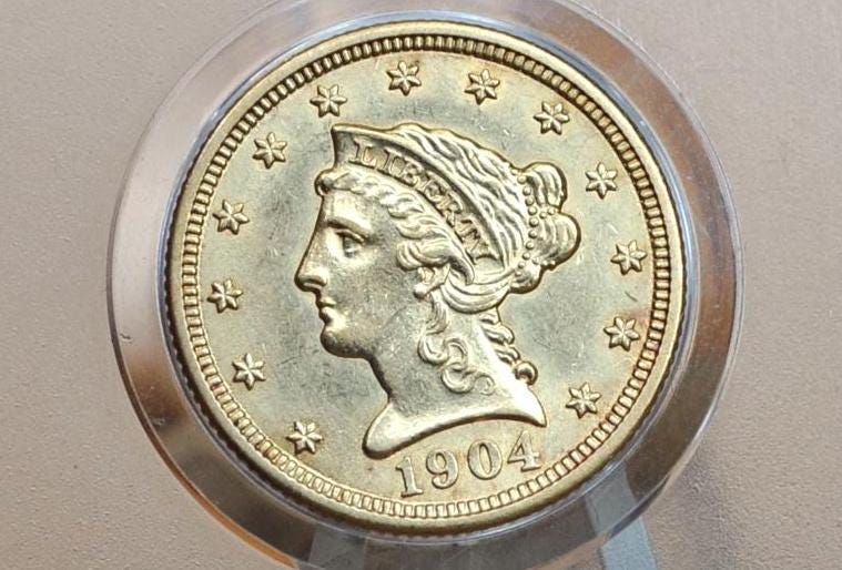 1904 Quarter Eagle Gold - MS63, Choice Uncirculated, Two and a Half Dollar Gold 1904 Liberty Head Gold, Beautiful Luster, Historic Coin Type