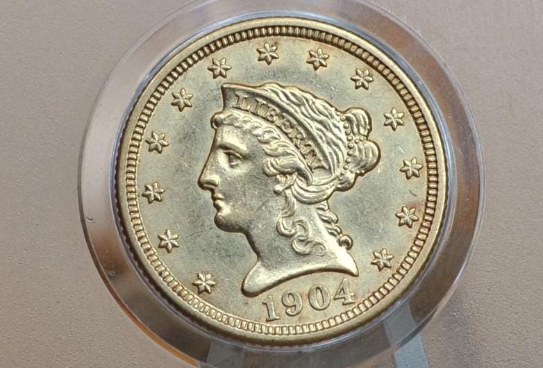 1904 Quarter Eagle Gold - MS63, Choice Uncirculated, Two and a Half Dollar Gold 1904 Liberty Head Gold, Beautiful Luster, Historic Coin Type