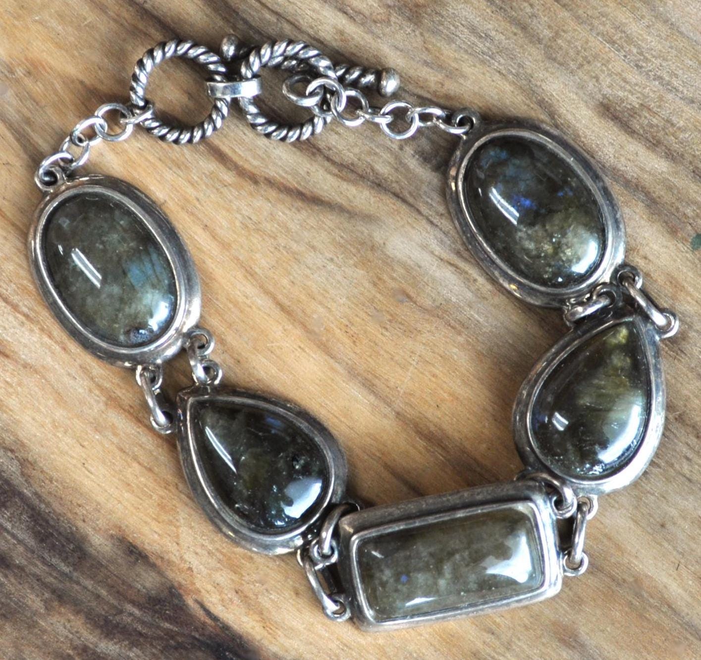 Vintage Whitney Kelley Sterling Silver Labradorite Geometric Bracelet - Collectible Whitney Kelley WK Signed Silver Labradorite Bracelet