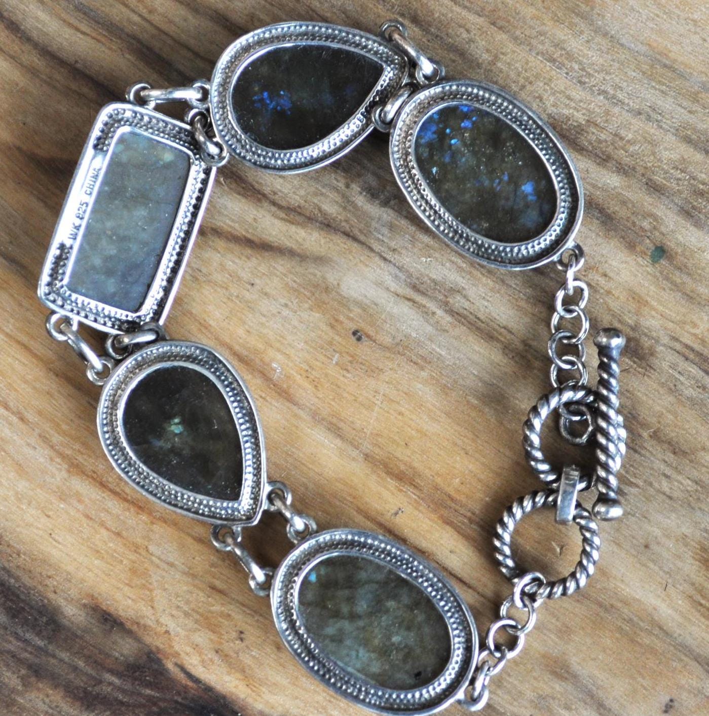 Vintage Whitney Kelley Sterling Silver Labradorite Geometric Bracelet - Collectible Whitney Kelley WK Signed Silver Labradorite Bracelet