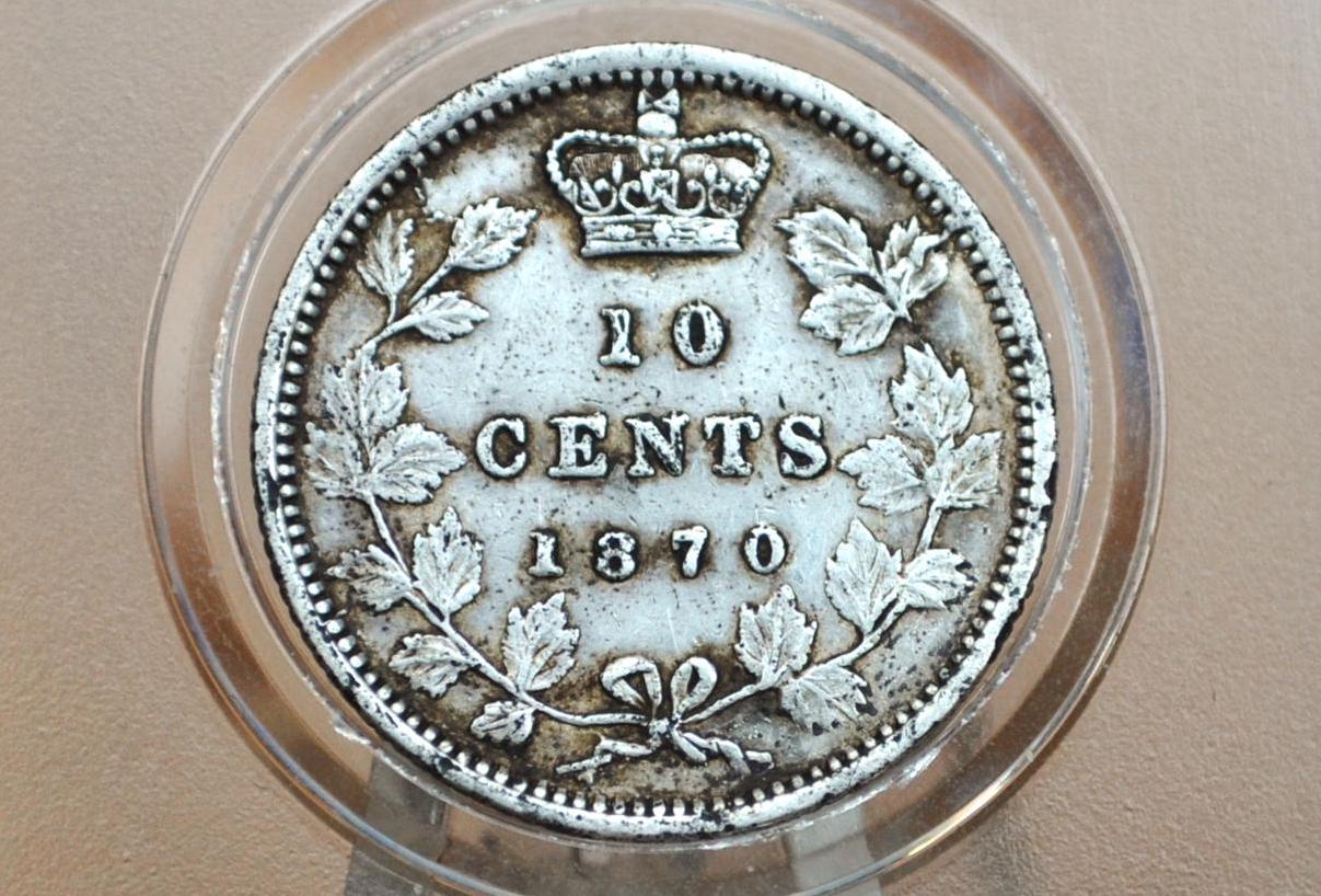 1870 Canadian Silver 10 Cent Coin, Wide 0 - XF (Extremely Fine) - Queen Victoria Canada Ten Cent Sterling Silver 1870, Rare Coin & Variety.