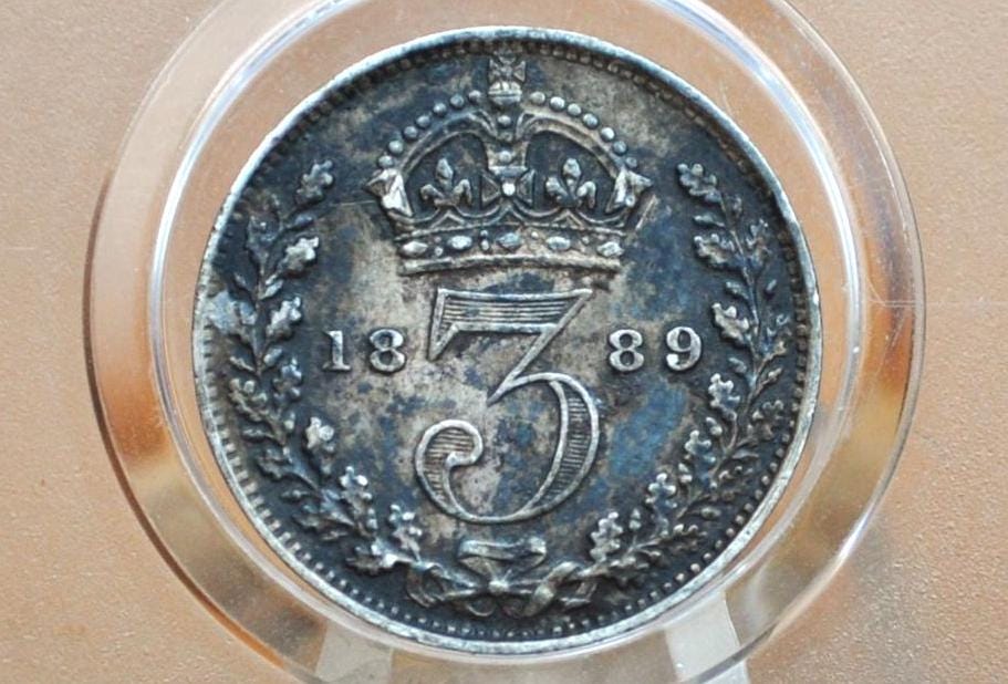 1889 UK Threepence Great Britain 3 Pence Silver - XF+ Grade / Condition - UK 3 Pence Silver 1889 - Queen Victoria / Victorian Era