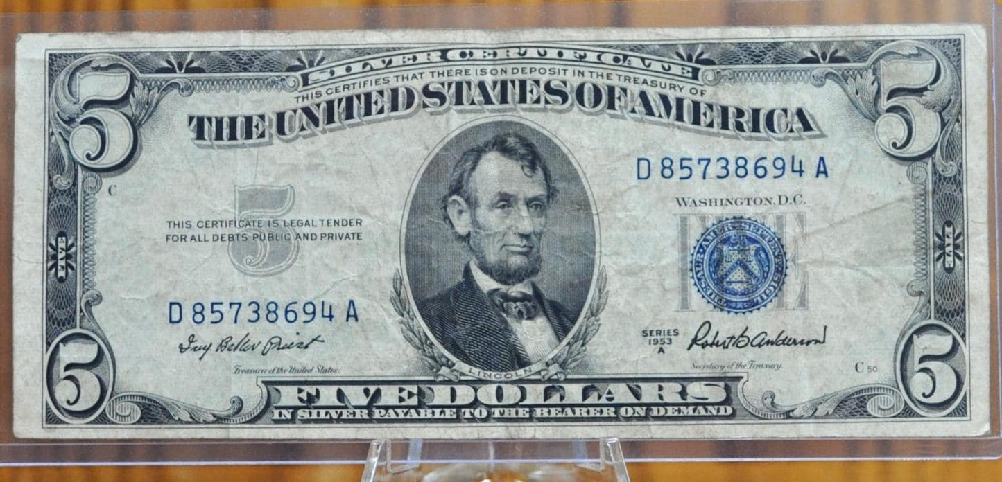 1953 Blue Seal 5 Dollar Bill / 1953 Five Dollar Silver Certificate - Choose by Grade / Condition - 1953 Silver Certificate