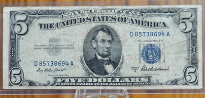 1953 Blue Seal 5 Dollar Bill / 1953 Five Dollar Silver Certificate - Choose by Grade / Condition - 1953 Silver Certificate