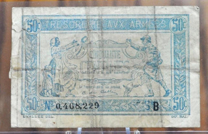 1917 France Army Treasury 50 Centimes Fractional Note- World War I French Army Note - 1917 French Army Fifty Centimes Treasury Note WWI