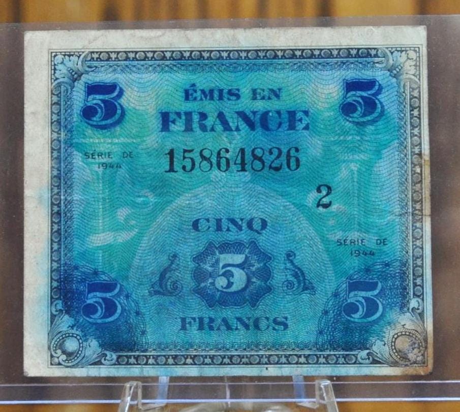 1944 France Allied Military 5 Franc Paper Note - WWII Era Allied Franc ...