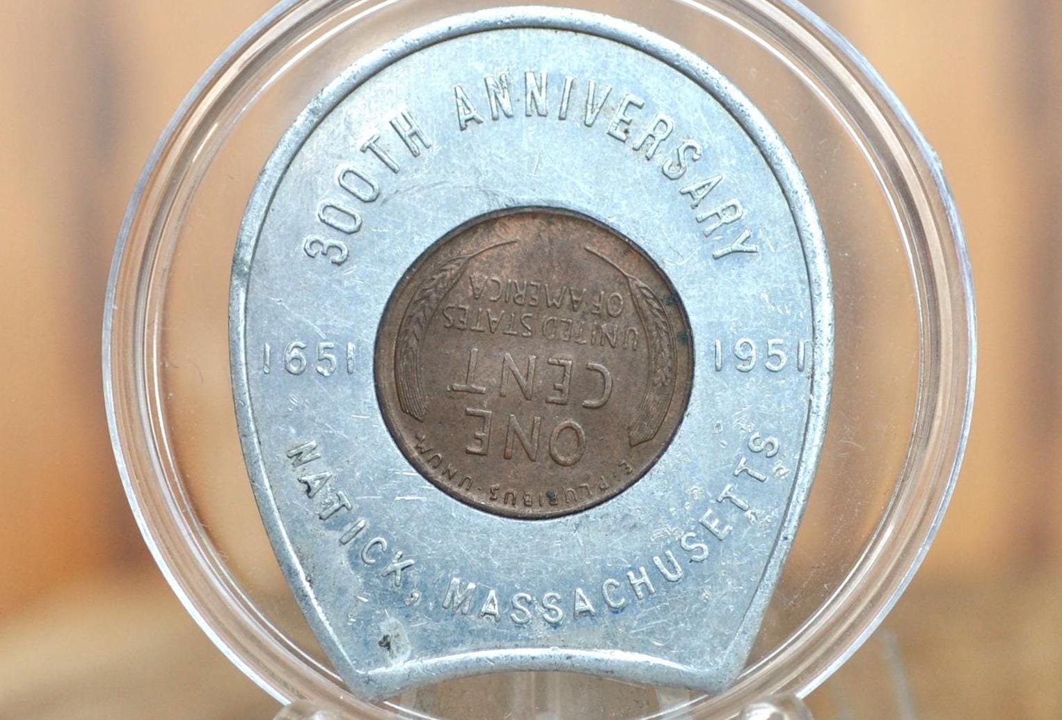 1951 300th Anniversary Natick Massachusetts Good Luck Token - Natick MA 300th Anniversary - Good Luck Charm 1951 Encased Wheat Penny