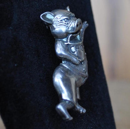 Awesome Vintage Dancing Pig Pin! Sterling Silver - Jezlaine Pig with Chow Bucket Pin - Vintage Pig Brooch, Jezlaine Stamped, Hilarious