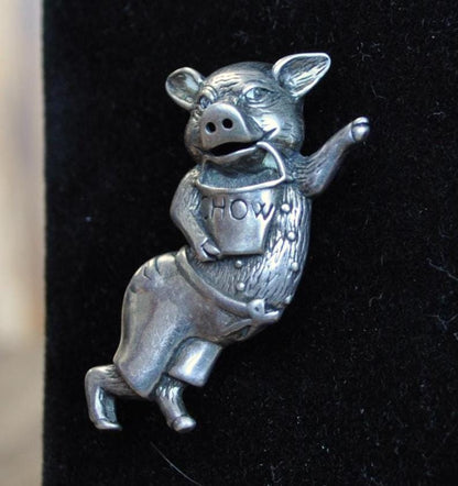 Awesome Vintage Dancing Pig Pin! Sterling Silver - Jezlaine Pig with Chow Bucket Pin - Vintage Pig Brooch, Jezlaine Stamped, Hilarious