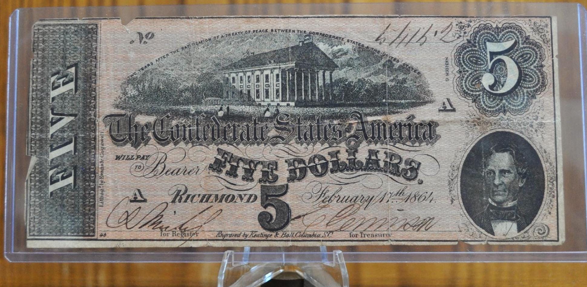 1864 Confederate States of America 5 Dollar Bill - Civil War Issue Banknote - Confederate Five Dollar Bill - Richmond Capitol, T-69 / CS-69