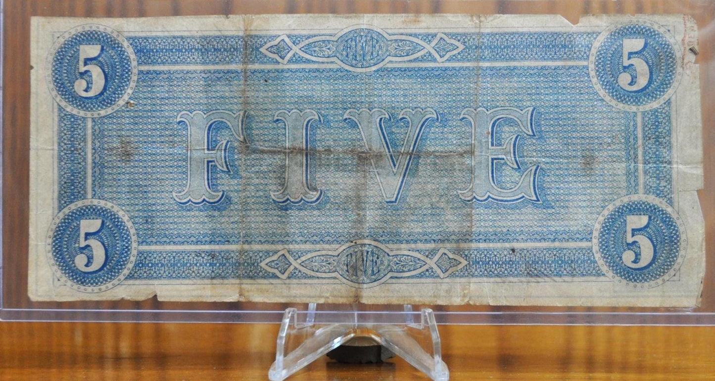 1864 Confederate States of America 5 Dollar Bill - Civil War Issue Banknote - Confederate Five Dollar Bill - Richmond Capitol, T-69 / CS-69