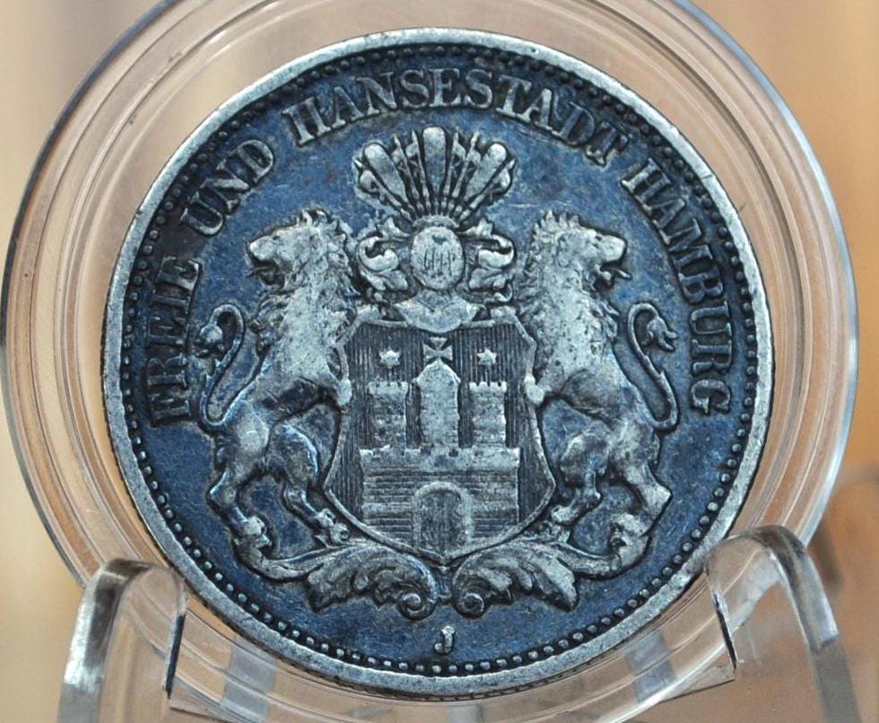 1899 J Germany Hamburg 2 Mark - XF Grade / Condition, Cool Design, Rarer, Few Made, 2 Mark 1899, Free and Hanseatic City of Hamburg