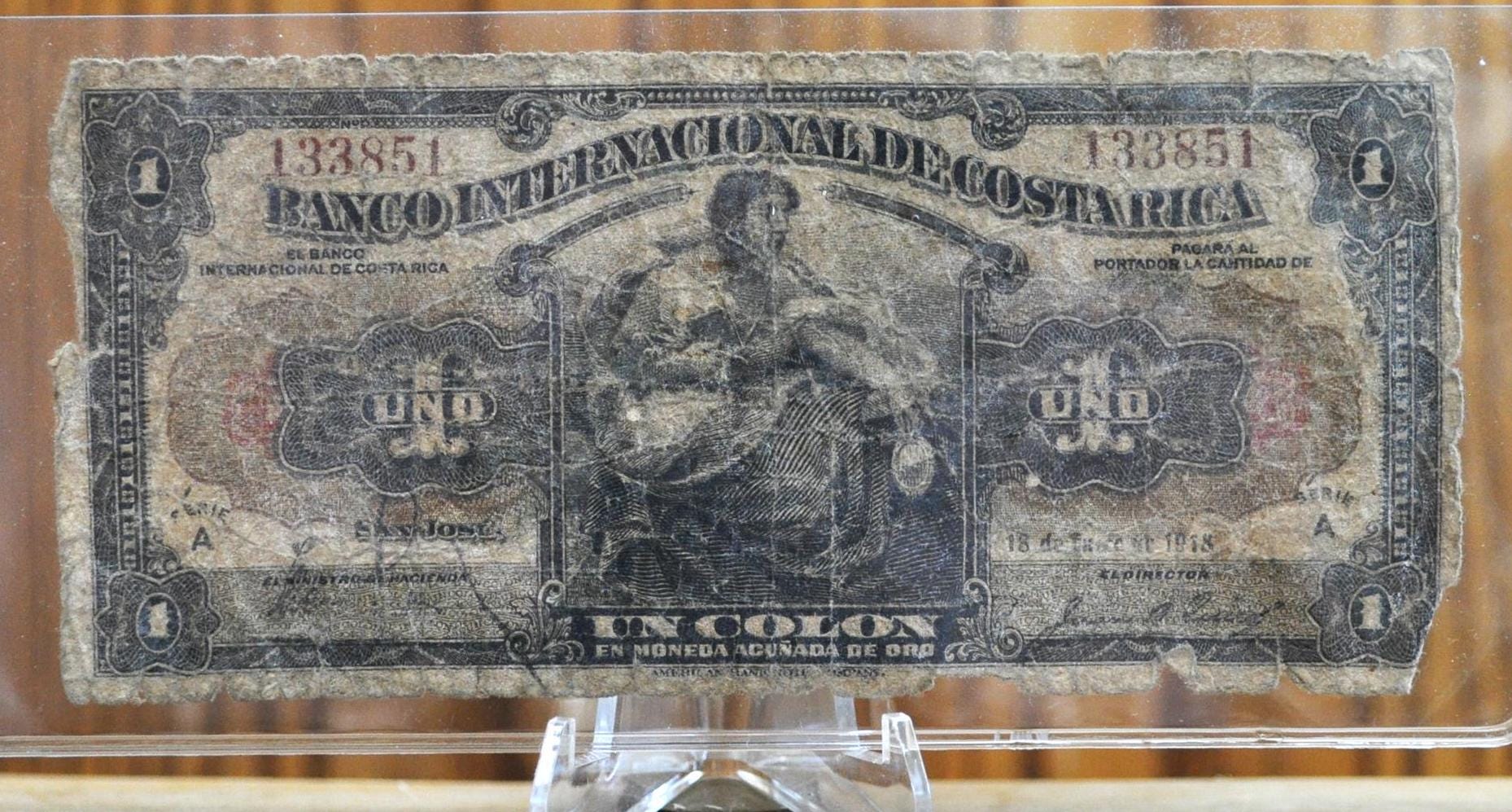 1918 International Bank of Costa Rica 1 Colon Note - RARE Note - Very Circulated - 1918 Costa Rice One Colon Banknote - P#158a