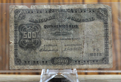 1904 Bank of Portugal 500 Reis Bank Note - Overprint "Republica" Issue - 1904 Portuguese Five Hundred (Quinhentos) Reis Note - P#105a