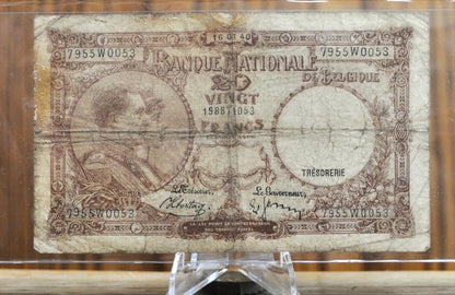 1940 National Bank of Belgium 20 Francs Note - WWII Era Note - 1940 Banque Nationale de Belgique Twenty Francs Note - P#111