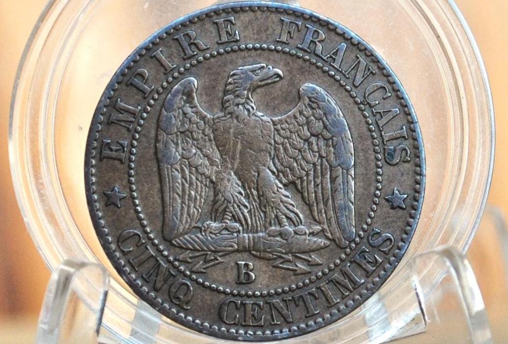 1856-B 5 Centimes France - XF Grade/Condition - Cinq Centimes 1856B France, Napoleon III - Better Date, Lower Mintage, High Grade, Authentic