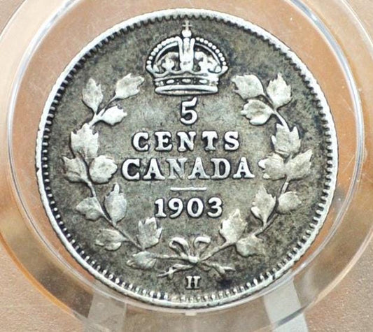 1903 Canadian Silver 5 Cent Coin - F (Fine) Condition - King George - Canada 5 Cent Sterling Silver 1903 H Canada - Lower Mintage
