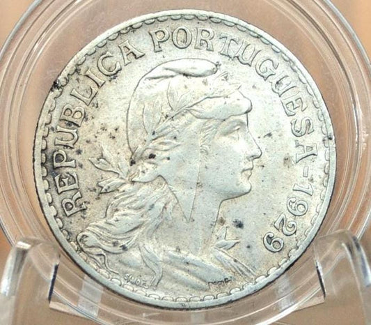 1929 Portuguese 1 Escudo Portugal - AU Details - Beautiful Design, Simple - Portuguese Coin