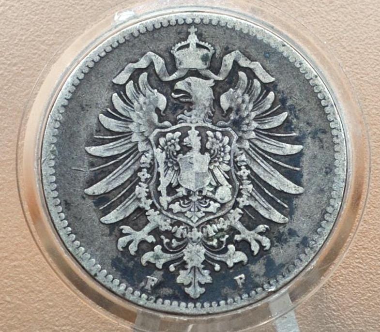 1874 German 1 Mark, F Mint Mark - VF/XF, Great Details - German Empire Silver One Mark 1874, Silver Mark 1874F, Great Coin