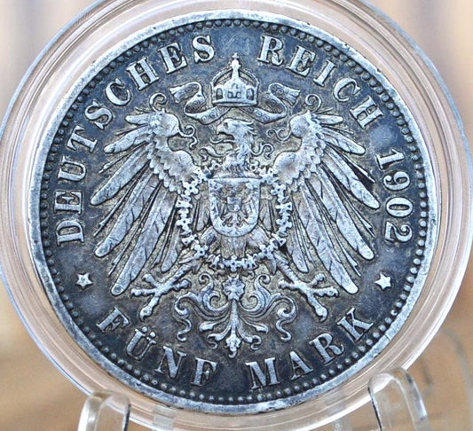 1902 German States 5 Mark Prussia Silver - AU (About Uncirculated) - Germany 1902 Funf Mark German Silver Coin - Great coin for a collection