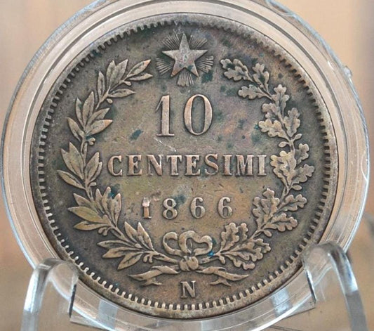 1866 Italian 10 Centesimi - Great Condition - 1866 10 Cent Coin Italy - Vittorio Emanuele II - Copper