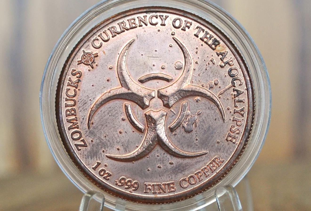 Currency of the Apocalypse - Starving, Zombucks Copper Round - 1 oz .999 Copper - Standing Liberty Starving Design