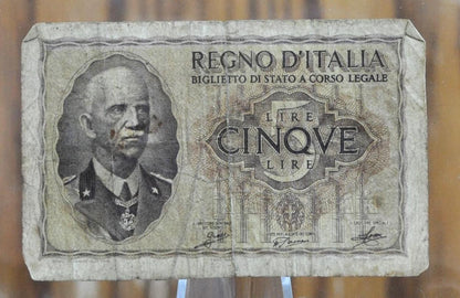 1940 5 Lire Italian Banknote - XF+ Grade - Italy Five Lire Cinque Lire Banknote 1940 King Vittorio Emanuele III, Cool Old Banknote from WWII