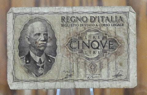 1940 5 Lire Italian Banknote - XF+ Grade - Italy Five Lire Cinque Lire Banknote 1940 King Vittorio Emanuele III, Cool Old Banknote from WWII