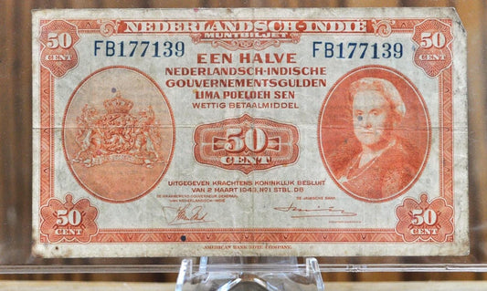 1943 Dutch East Indies Half Gulden Banknote - 1943 Muntbiljet Issue - Netherlands Indies WWII Occupation 50 Cent Gulden Note 1943, P#110