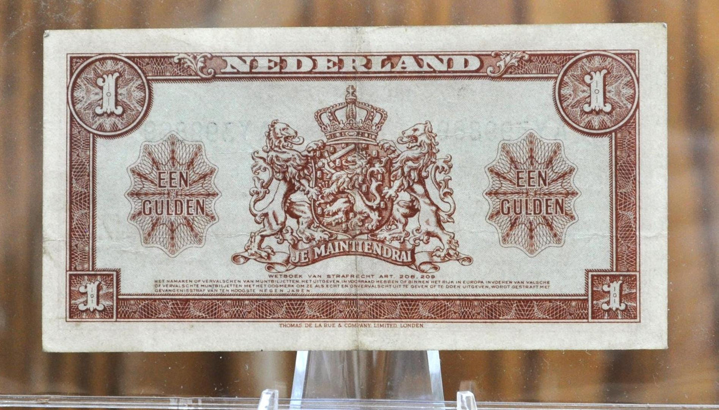 1945 Netherlands 1 Gulden Banknote - 1945 Muntbiljet Issue, 2 Letter Prefix - WWII Era Netherlands One Gulden Note 1945 - P#70